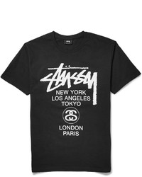 schwarzes und weißes bedrucktes T-Shirt mit einem Rundhalsausschnitt von Stussy