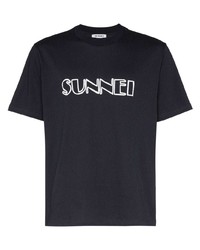 schwarzes und weißes bedrucktes T-Shirt mit einem Rundhalsausschnitt von Sunnei