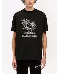 schwarzes und weißes bedrucktes T-Shirt mit einem Rundhalsausschnitt von Palm Angels