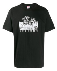 schwarzes und weißes bedrucktes T-Shirt mit einem Rundhalsausschnitt von Supreme