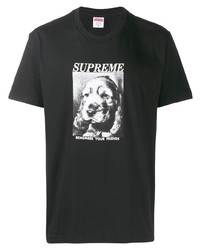 schwarzes und weißes bedrucktes T-Shirt mit einem Rundhalsausschnitt von Supreme