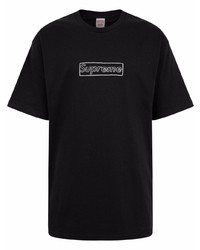 schwarzes und weißes bedrucktes T-Shirt mit einem Rundhalsausschnitt von Supreme