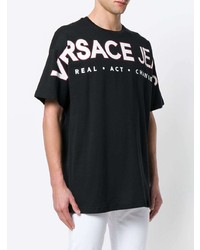 schwarzes und weißes bedrucktes T-Shirt mit einem Rundhalsausschnitt von Versace Jeans