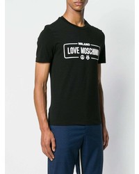 schwarzes und weißes bedrucktes T-Shirt mit einem Rundhalsausschnitt von Love Moschino