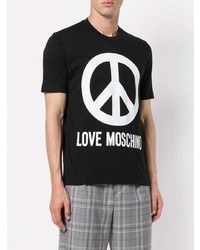 schwarzes und weißes bedrucktes T-Shirt mit einem Rundhalsausschnitt von Love Moschino