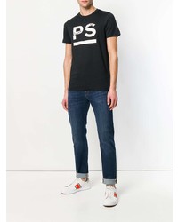 schwarzes und weißes bedrucktes T-Shirt mit einem Rundhalsausschnitt von Ps By Paul Smith