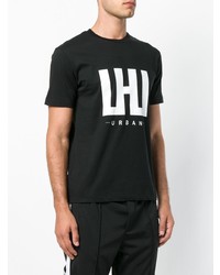 schwarzes und weißes bedrucktes T-Shirt mit einem Rundhalsausschnitt von Les Hommes Urban