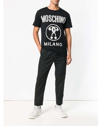 schwarzes und weißes bedrucktes T-Shirt mit einem Rundhalsausschnitt von Moschino