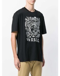 schwarzes und weißes bedrucktes T-Shirt mit einem Rundhalsausschnitt von Versace