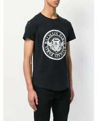 schwarzes und weißes bedrucktes T-Shirt mit einem Rundhalsausschnitt von Balmain