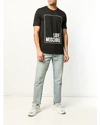 schwarzes und weißes bedrucktes T-Shirt mit einem Rundhalsausschnitt von Love Moschino