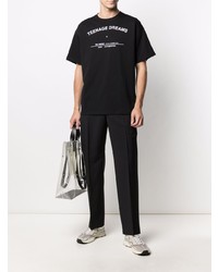 schwarzes und weißes bedrucktes T-Shirt mit einem Rundhalsausschnitt von Raf Simons