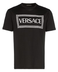 schwarzes und weißes bedrucktes T-Shirt mit einem Rundhalsausschnitt von Versace