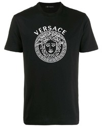 schwarzes und weißes bedrucktes T-Shirt mit einem Rundhalsausschnitt von Versace