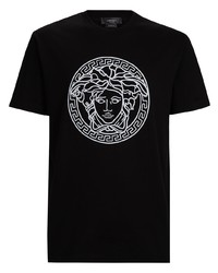 schwarzes und weißes bedrucktes T-Shirt mit einem Rundhalsausschnitt von Versace