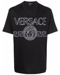 schwarzes und weißes bedrucktes T-Shirt mit einem Rundhalsausschnitt von Versace