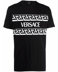 schwarzes und weißes bedrucktes T-Shirt mit einem Rundhalsausschnitt von Versace