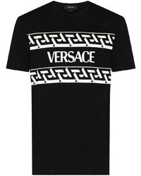 schwarzes und weißes bedrucktes T-Shirt mit einem Rundhalsausschnitt von Versace