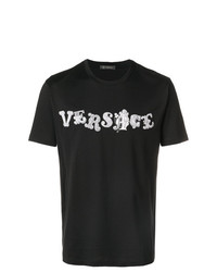 schwarzes und weißes bedrucktes T-Shirt mit einem Rundhalsausschnitt von Versace