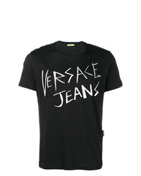 schwarzes und weißes bedrucktes T-Shirt mit einem Rundhalsausschnitt von Versace