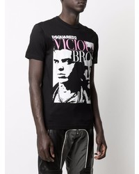 schwarzes und weißes bedrucktes T-Shirt mit einem Rundhalsausschnitt von DSQUARED2