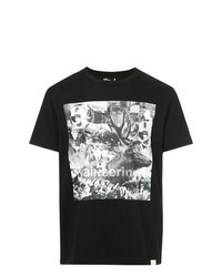 schwarzes und weißes bedrucktes T-Shirt mit einem Rundhalsausschnitt von White Mountaineering