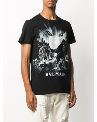 schwarzes und weißes bedrucktes T-Shirt mit einem Rundhalsausschnitt von Balmain