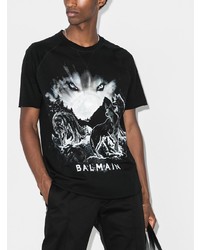 schwarzes und weißes bedrucktes T-Shirt mit einem Rundhalsausschnitt von Balmain