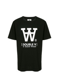 schwarzes und weißes bedrucktes T-Shirt mit einem Rundhalsausschnitt von Wood Wood