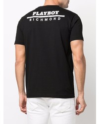 schwarzes und weißes bedrucktes T-Shirt mit einem Rundhalsausschnitt von John Richmond