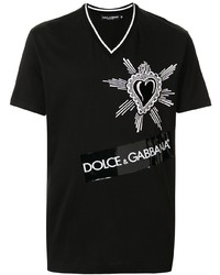 schwarzes und weißes bedrucktes T-Shirt mit einem V-Ausschnitt von Dolce & Gabbana