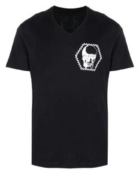 schwarzes und weißes bedrucktes T-Shirt mit einem V-Ausschnitt von Philipp Plein