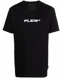 schwarzes und weißes bedrucktes T-Shirt mit einem V-Ausschnitt von Philipp Plein