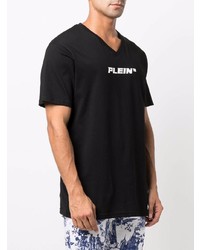 schwarzes und weißes bedrucktes T-Shirt mit einem V-Ausschnitt von Philipp Plein