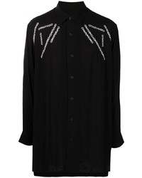 schwarzes und weißes besticktes Langarmhemd von Yohji Yamamoto