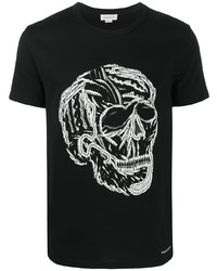 schwarzes und weißes besticktes T-Shirt mit einem Rundhalsausschnitt von Alexander McQueen