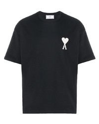 schwarzes und weißes besticktes T-Shirt mit einem Rundhalsausschnitt von Ami Paris