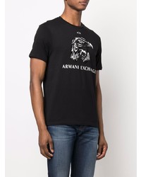 schwarzes und weißes besticktes T-Shirt mit einem Rundhalsausschnitt von Armani Exchange