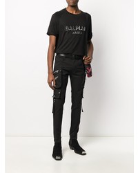 schwarzes und weißes besticktes T-Shirt mit einem Rundhalsausschnitt von Balmain