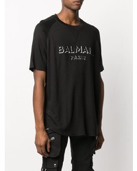 schwarzes und weißes besticktes T-Shirt mit einem Rundhalsausschnitt von Balmain