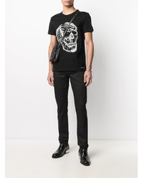 schwarzes und weißes besticktes T-Shirt mit einem Rundhalsausschnitt von Alexander McQueen