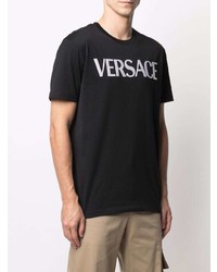 schwarzes und weißes besticktes T-Shirt mit einem Rundhalsausschnitt von Versace