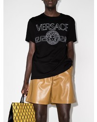 schwarzes und weißes besticktes T-Shirt mit einem Rundhalsausschnitt von Versace