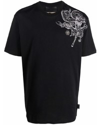 schwarzes und weißes besticktes T-Shirt mit einem Rundhalsausschnitt von Philipp Plein