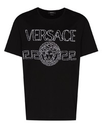 schwarzes und weißes besticktes T-Shirt mit einem Rundhalsausschnitt von Versace