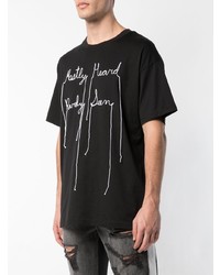 schwarzes und weißes besticktes T-Shirt mit einem Rundhalsausschnitt von Mostly Heard Rarely Seen