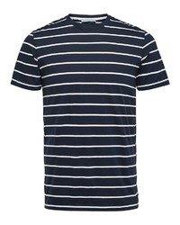 schwarzes und weißes horizontal gestreiftes T-Shirt mit einem Rundhalsausschnitt von Selected Homme
