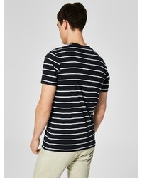 schwarzes und weißes horizontal gestreiftes T-Shirt mit einem Rundhalsausschnitt von Selected Homme