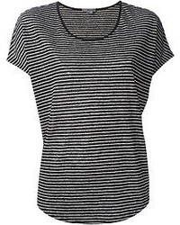 schwarzes und weißes horizontal gestreiftes T-Shirt mit einem Rundhalsausschnitt von Vince