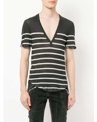 schwarzes und weißes horizontal gestreiftes T-Shirt mit einem V-Ausschnitt von Balmain